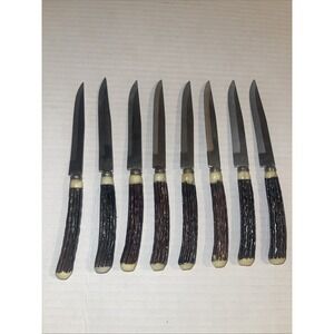 Vintage 8 Stainless Steel Faux Antler Steak Knives Made in Japan